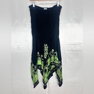 Halter Dress Womens Black Green Smocked Boho‎ Gypsy Asymmetric Maxi Size Med